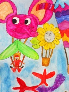 Charito Cruz, Grade 1, creates a whimsical artwork with floating pink elephants and summer sunflower.