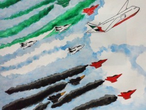 Joshua Nibre, Grade 9, directs your eyes to an airplane headed to the FAI Dubai Air Games this 2015.